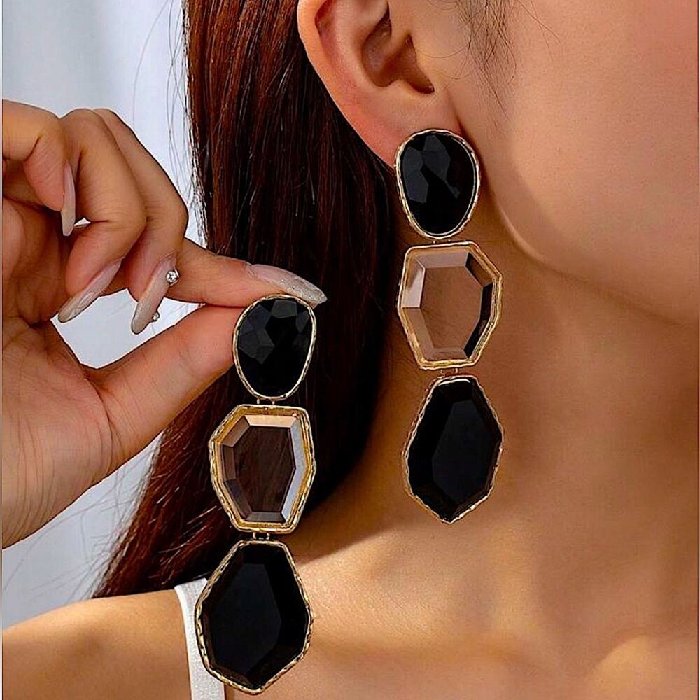 Exaggerated Gold Black Stone Earrings Statement Holiday Large Onyx Three Tier